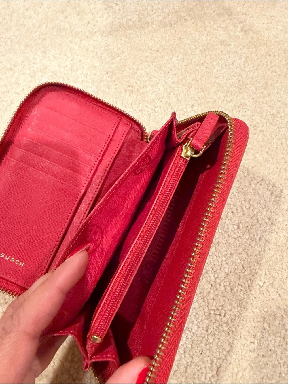 Tory Burch Cherry Red Zip-Around Wallet with Gold Logo
